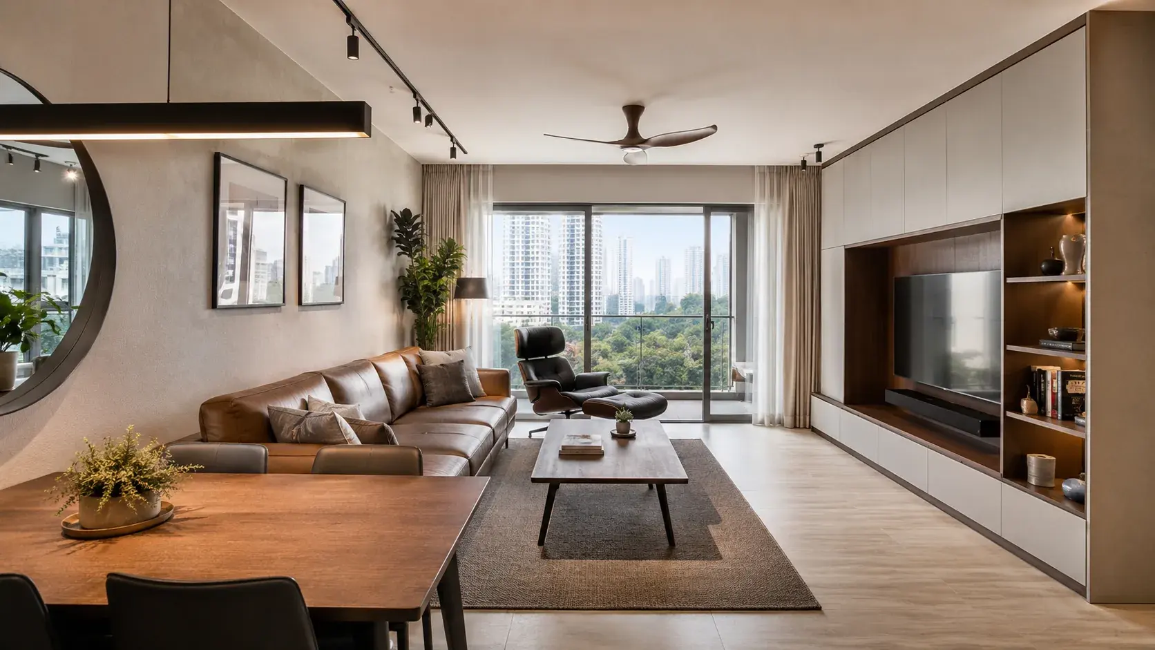 Warm minimalist living room with leather sofa and a city view